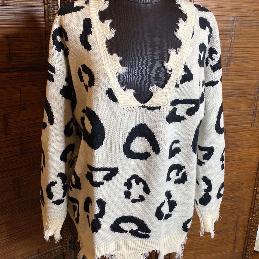 Women’s Cream and Black Distressed Leopard Print Sweater - Picture 6 of 7
